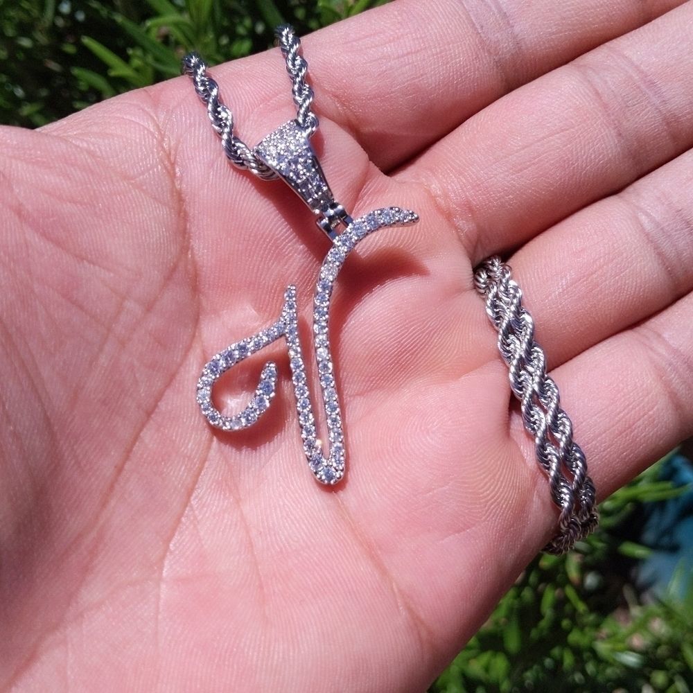 18"Rope Chain - White Finish Cursive V. Initial - image 7